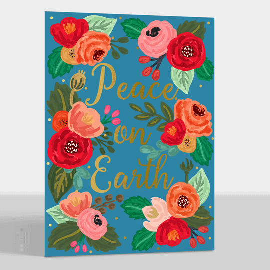 Gold Foil Blue Peace on Earth Folded Holiday Cards